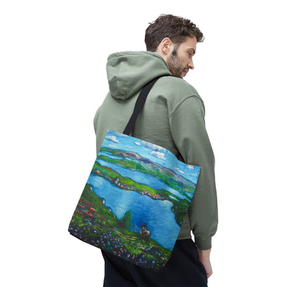 Stofftasche mit malerischer Seenlandschaft – Handbemalte Strandtasche mit Küstenkunst