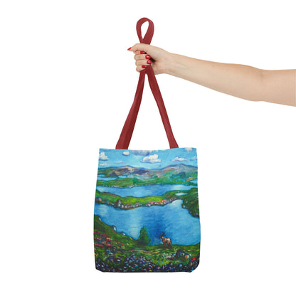 Stofftasche mit malerischer Seenlandschaft – Handbemalte Strandtasche mit Küstenkunst