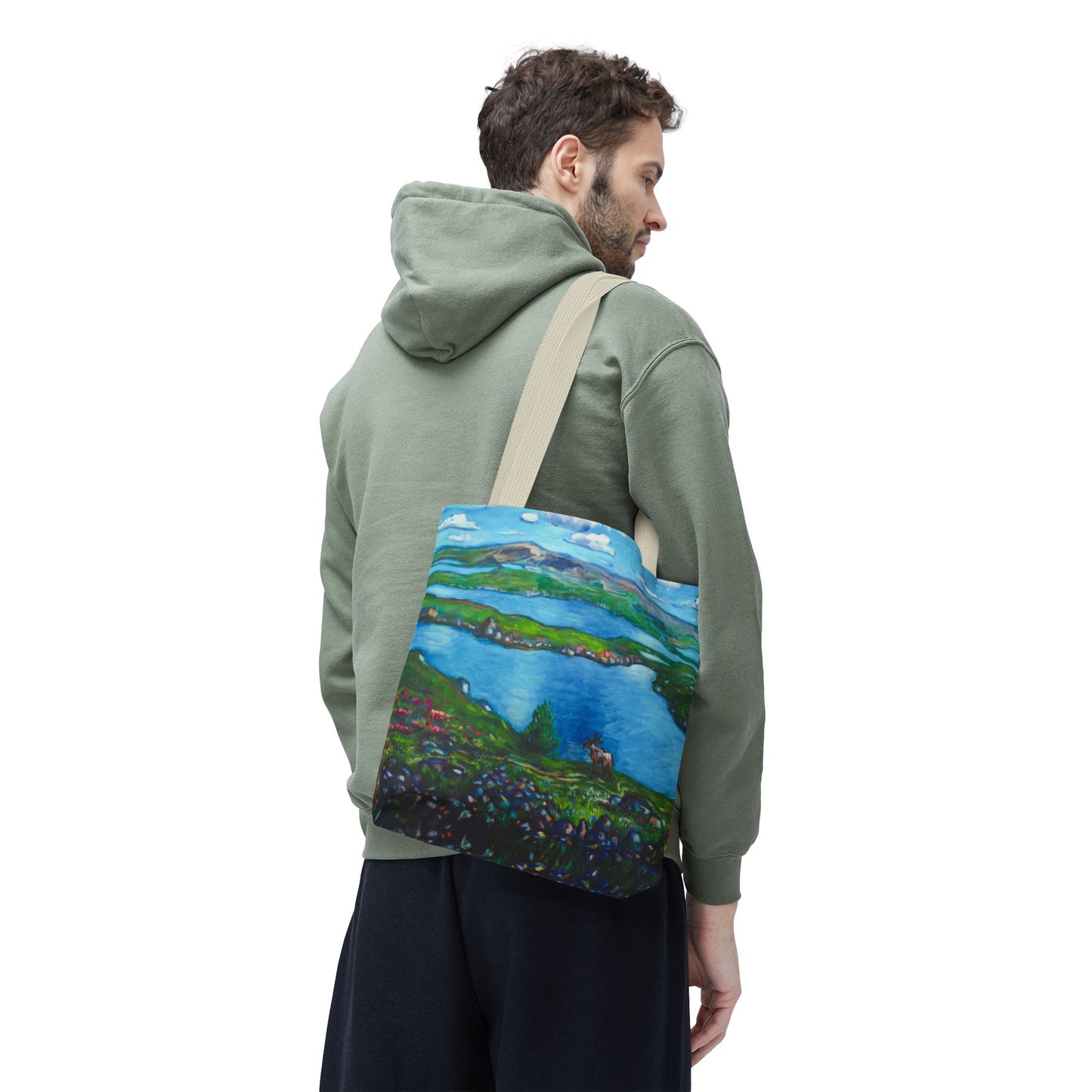 Stofftasche mit malerischer Seenlandschaft – Handbemalte Strandtasche mit Küstenkunst