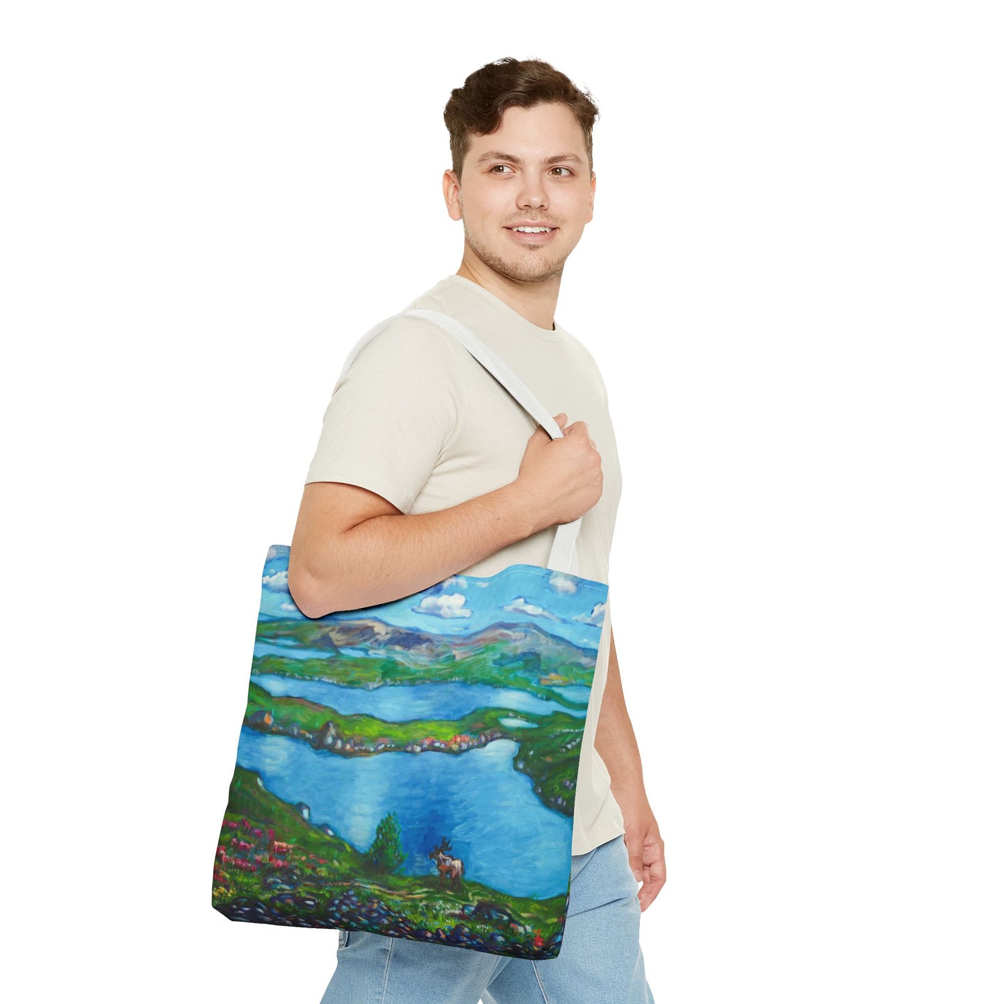 Stofftasche mit malerischer Seenlandschaft – Handbemalte Strandtasche mit Küstenkunst