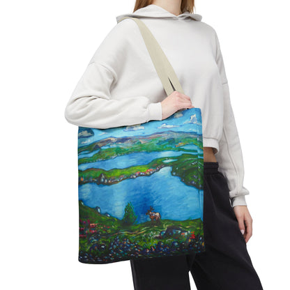 Stofftasche mit malerischer Seenlandschaft – Handbemalte Strandtasche mit Küstenkunst