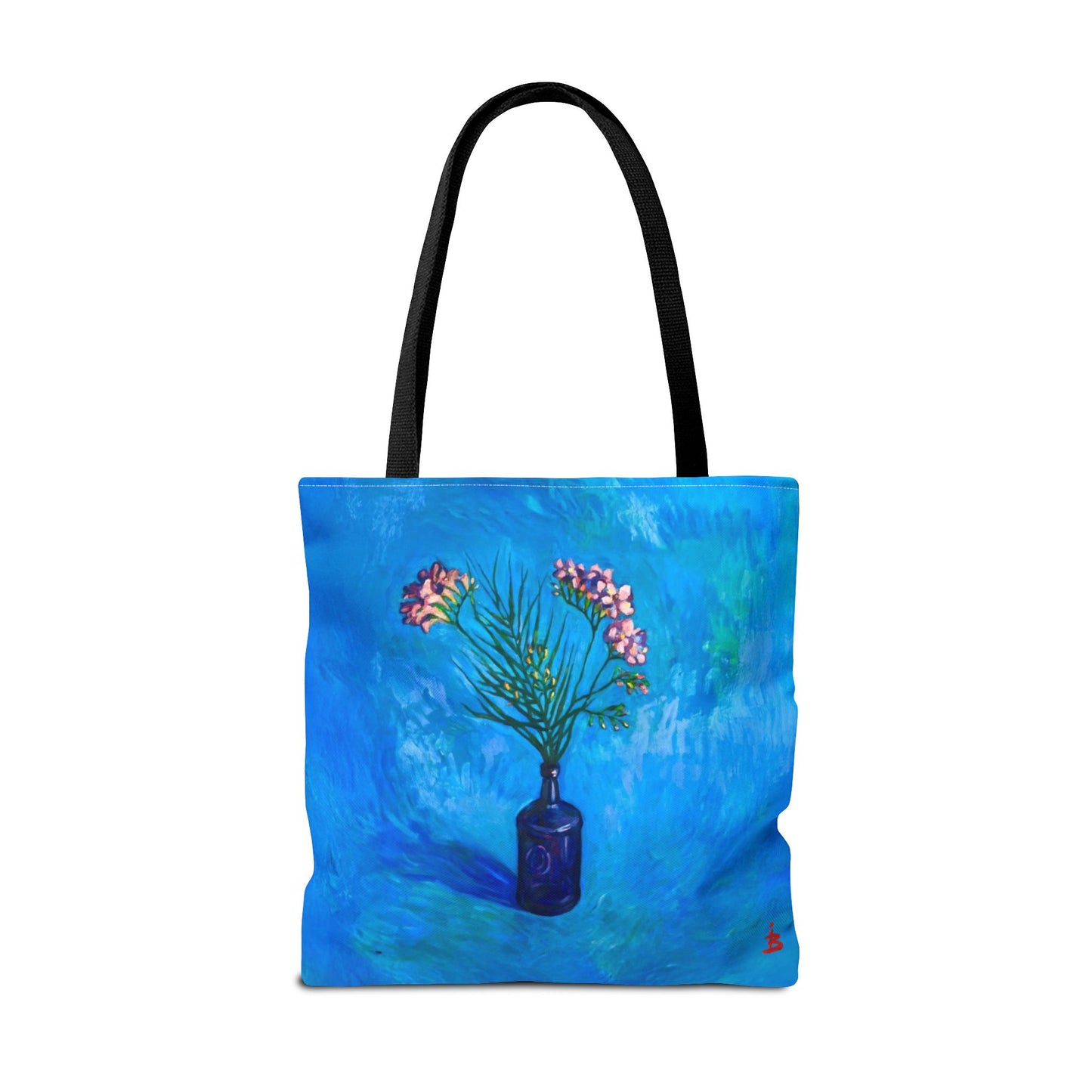 Blauer Shopper mit Blumenmuster – Vase mit rosafarbenen Blumen Allover-Print