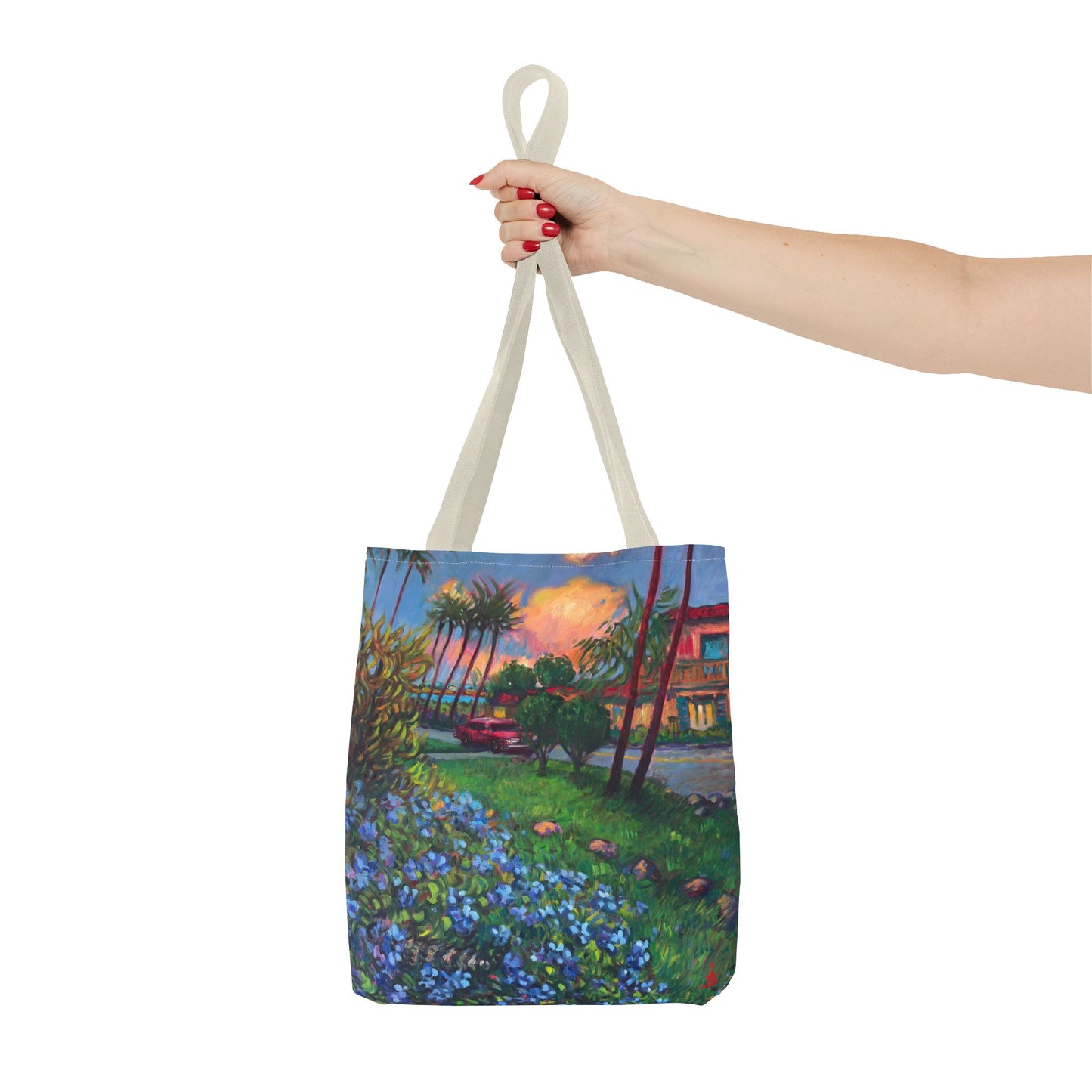 Einkaufstasche mit Sonnenuntergang am Strand – Küstenblumen-Palmen-Allover-Print