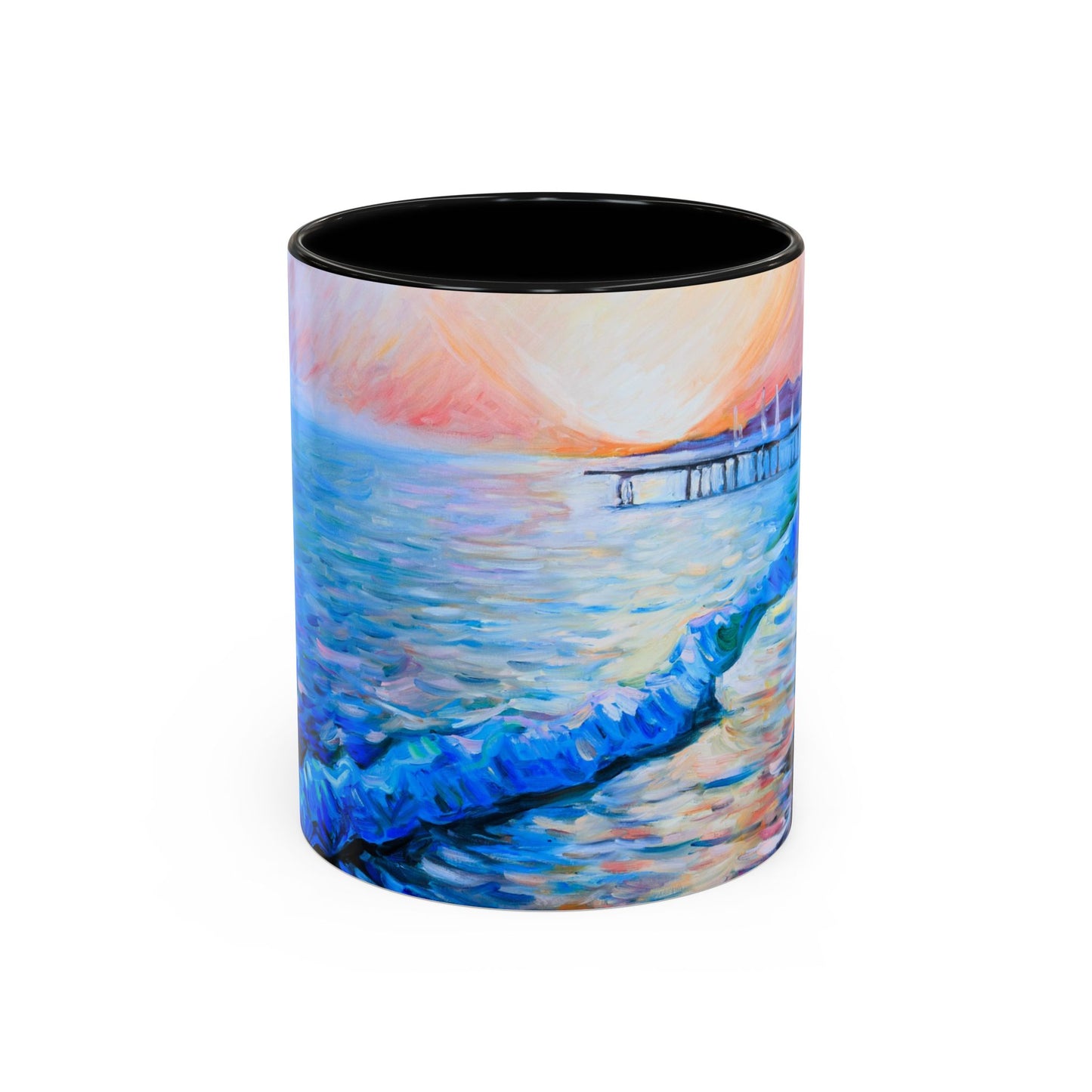 Kaffeetasse „Küsten-Sonnenuntergang“ – Keramiktasse mit Akzent „Seepier“ (325/444 ml)