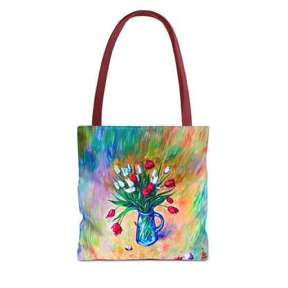 Tragetasche mit Blumenvase – Buntes, impressionistisches Tulpen-Allover-Muster