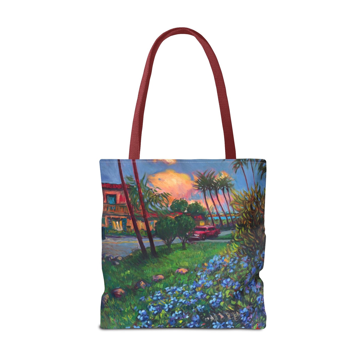 Einkaufstasche mit Sonnenuntergang am Strand – Küstenblumen-Palmen-Allover-Print