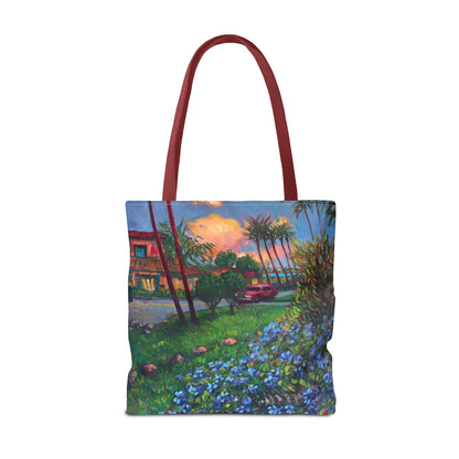 Einkaufstasche mit Sonnenuntergang am Strand – Küstenblumen-Palmen-Allover-Print