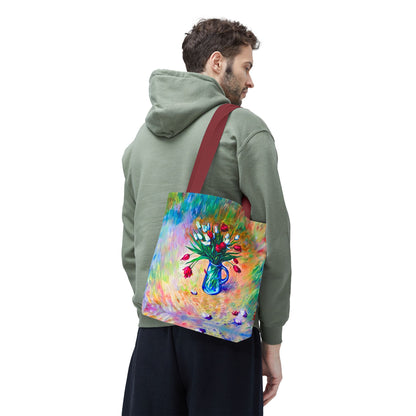 Tragetasche mit Blumenvase – Buntes, impressionistisches Tulpen-Allover-Muster
