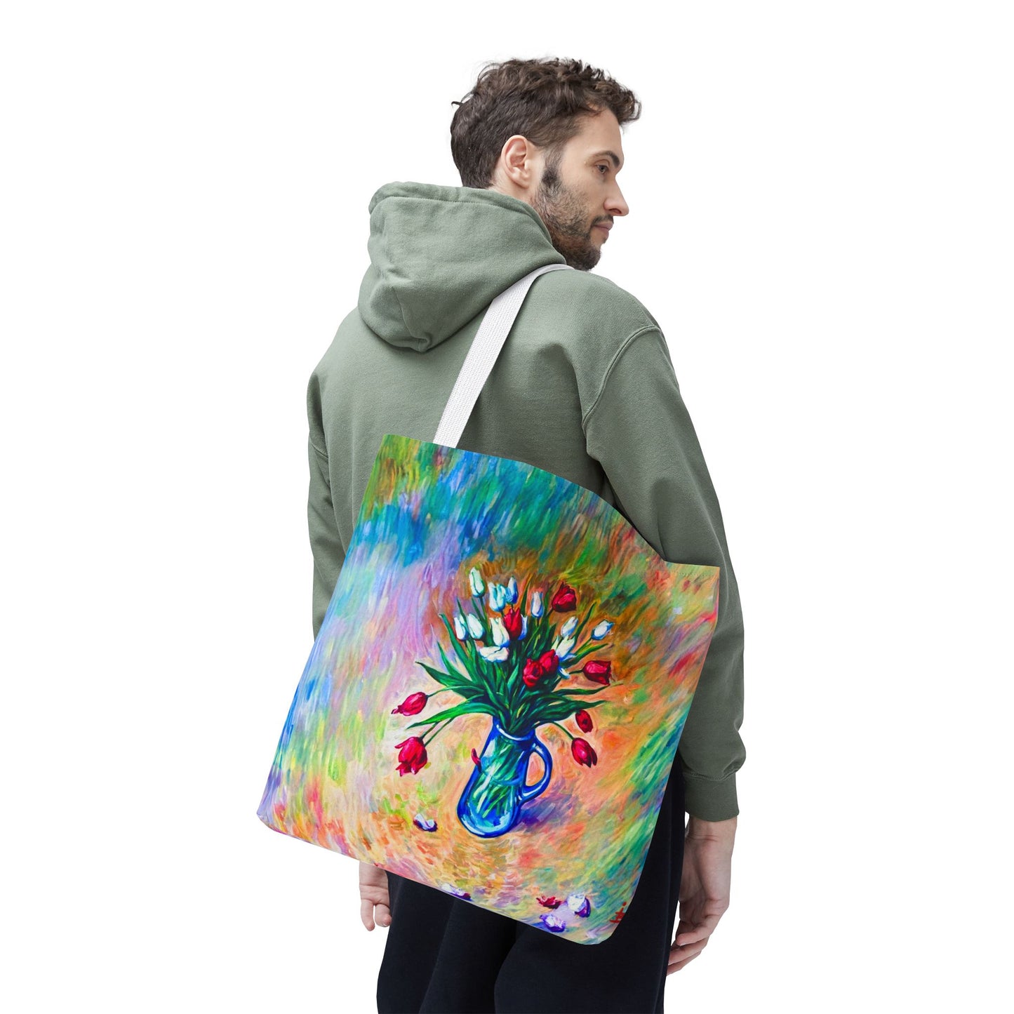 Tragetasche mit Blumenvase – Buntes, impressionistisches Tulpen-Allover-Muster