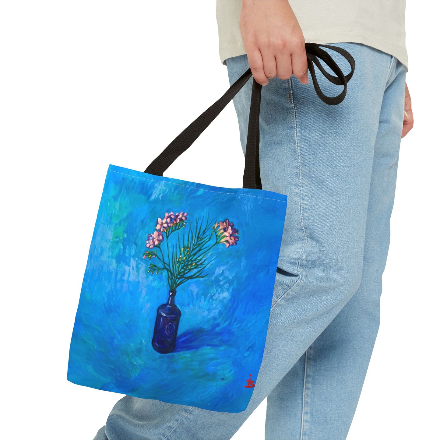 Blauer Shopper mit Blumenmuster – Vase mit rosafarbenen Blumen Allover-Print