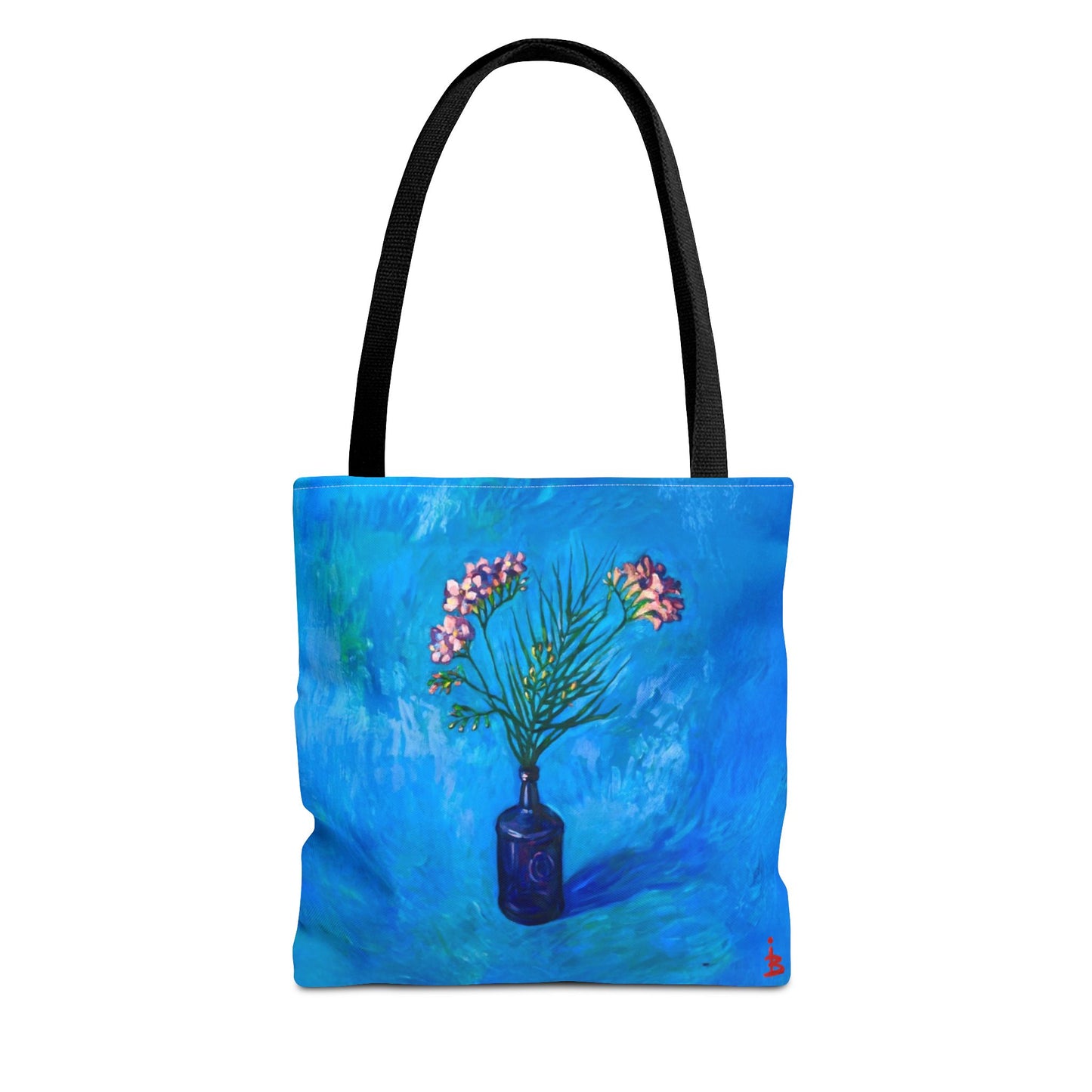 Blauer Shopper mit Blumenmuster – Vase mit rosafarbenen Blumen Allover-Print