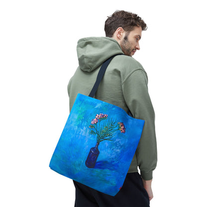 Blauer Shopper mit Blumenmuster – Vase mit rosafarbenen Blumen Allover-Print