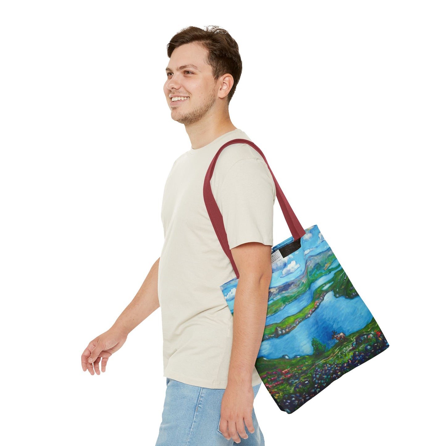 Stofftasche mit malerischer Seenlandschaft – Handbemalte Strandtasche mit Küstenkunst