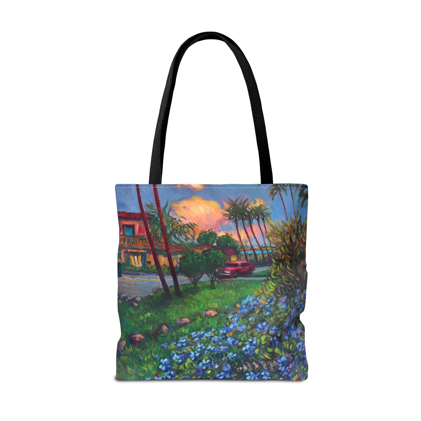 Einkaufstasche mit Sonnenuntergang am Strand – Küstenblumen-Palmen-Allover-Print