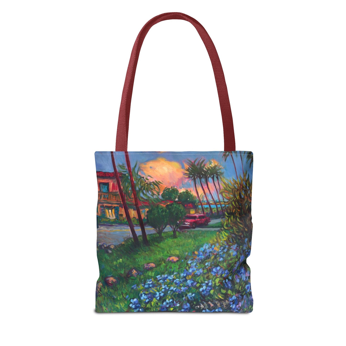 Einkaufstasche mit Sonnenuntergang am Strand – Küstenblumen-Palmen-Allover-Print