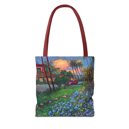 Einkaufstasche mit Sonnenuntergang am Strand – Küstenblumen-Palmen-Allover-Print