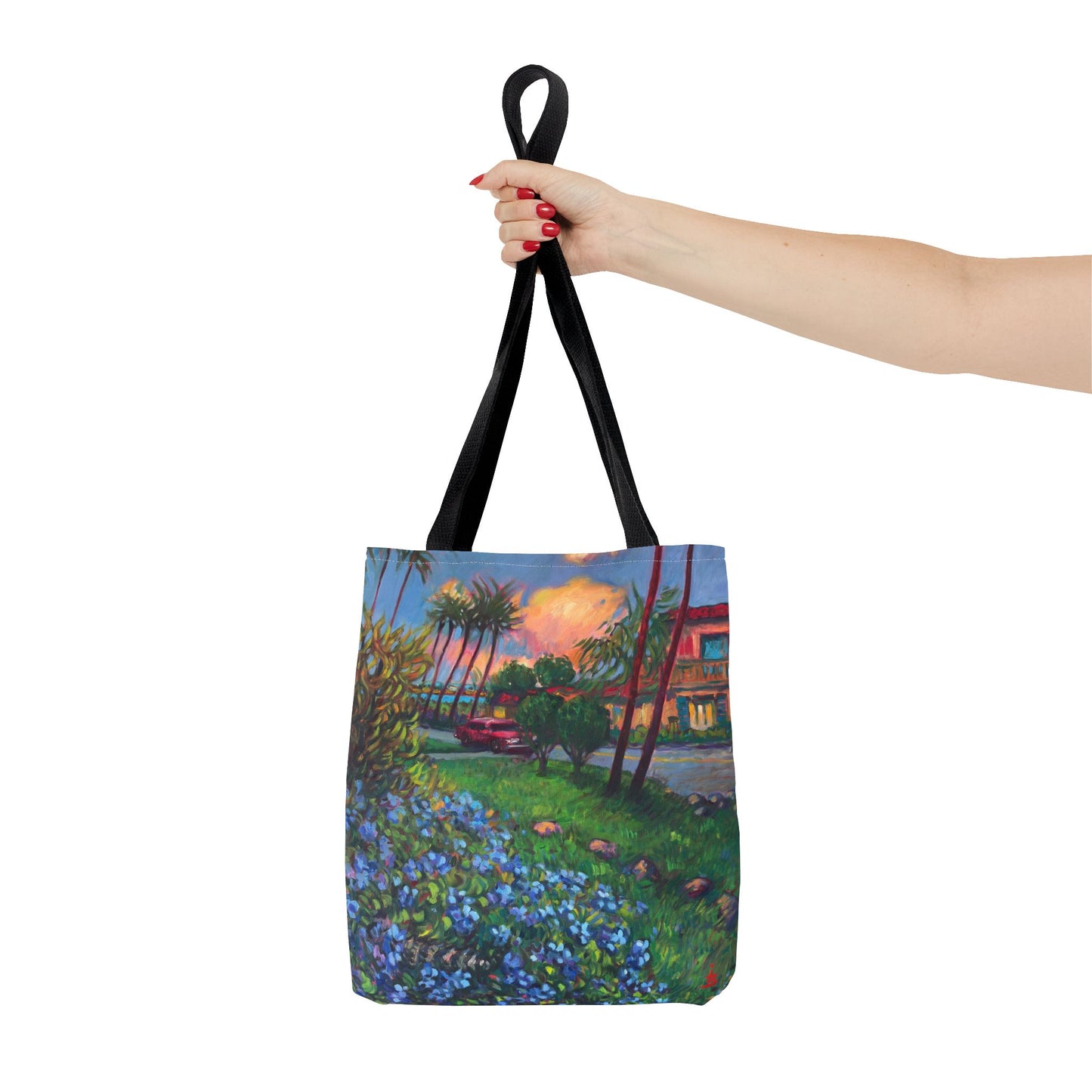 Einkaufstasche mit Sonnenuntergang am Strand – Küstenblumen-Palmen-Allover-Print