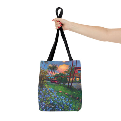 Einkaufstasche mit Sonnenuntergang am Strand – Küstenblumen-Palmen-Allover-Print