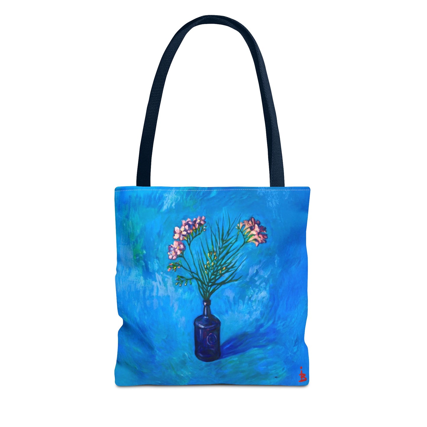 Blauer Shopper mit Blumenmuster – Vase mit rosafarbenen Blumen Allover-Print