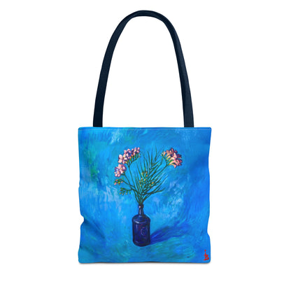Blauer Shopper mit Blumenmuster – Vase mit rosafarbenen Blumen Allover-Print