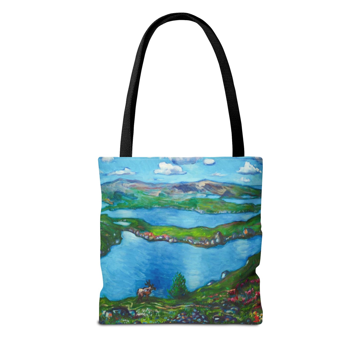 Stofftasche mit malerischer Seenlandschaft – Handbemalte Strandtasche mit Küstenkunst