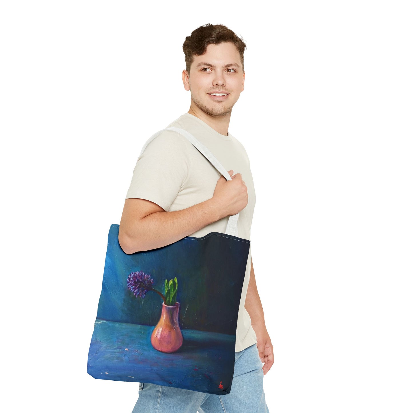 Florale Stillleben-Einkaufstasche – Malereische Vase & Lila Blüte AOP