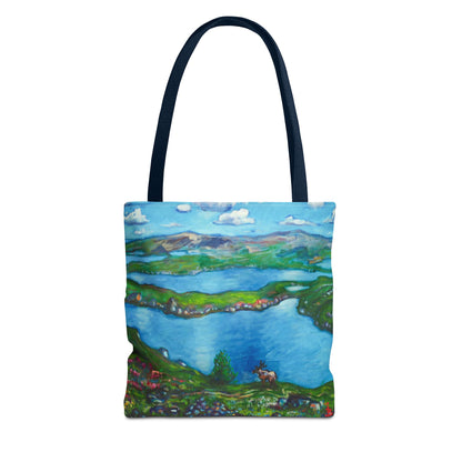 Stofftasche mit malerischer Seenlandschaft – Handbemalte Strandtasche mit Küstenkunst