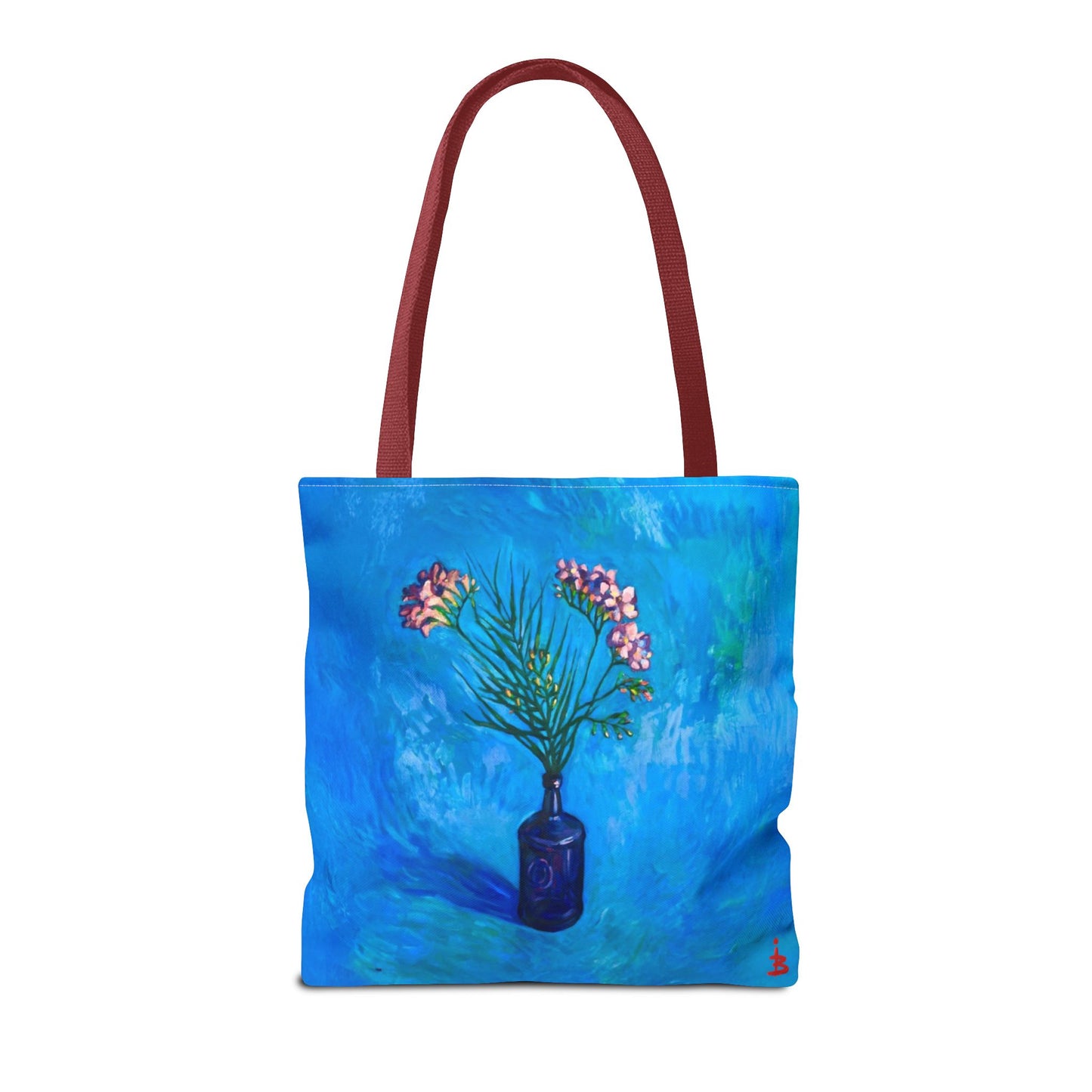 Blauer Shopper mit Blumenmuster – Vase mit rosafarbenen Blumen Allover-Print