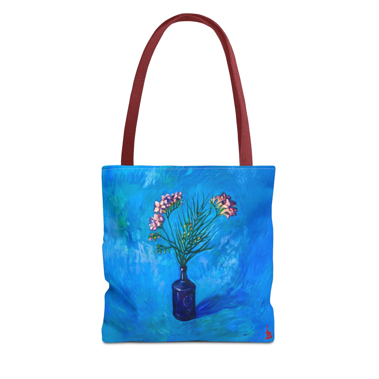 Blauer Shopper mit Blumenmuster – Vase mit rosafarbenen Blumen Allover-Print