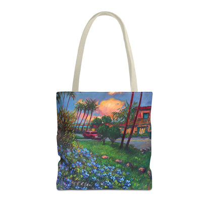 Einkaufstasche mit Sonnenuntergang am Strand – Küstenblumen-Palmen-Allover-Print