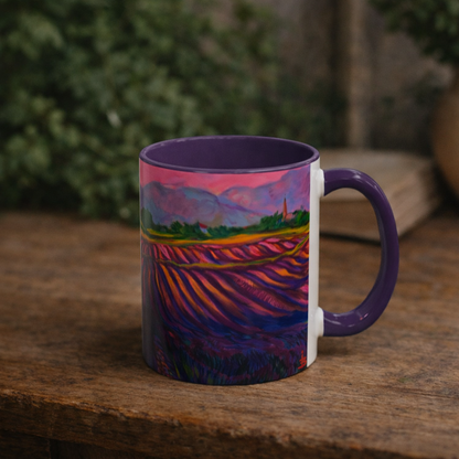 Kaffeetasse mit Lavendelfeld-Motiv – Lebendige Sonnenuntergangslandschaft, 325 ml