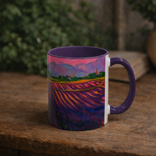 Kaffeetasse mit Lavendelfeld-Motiv – Lebendige Sonnenuntergangslandschaft, 325 ml