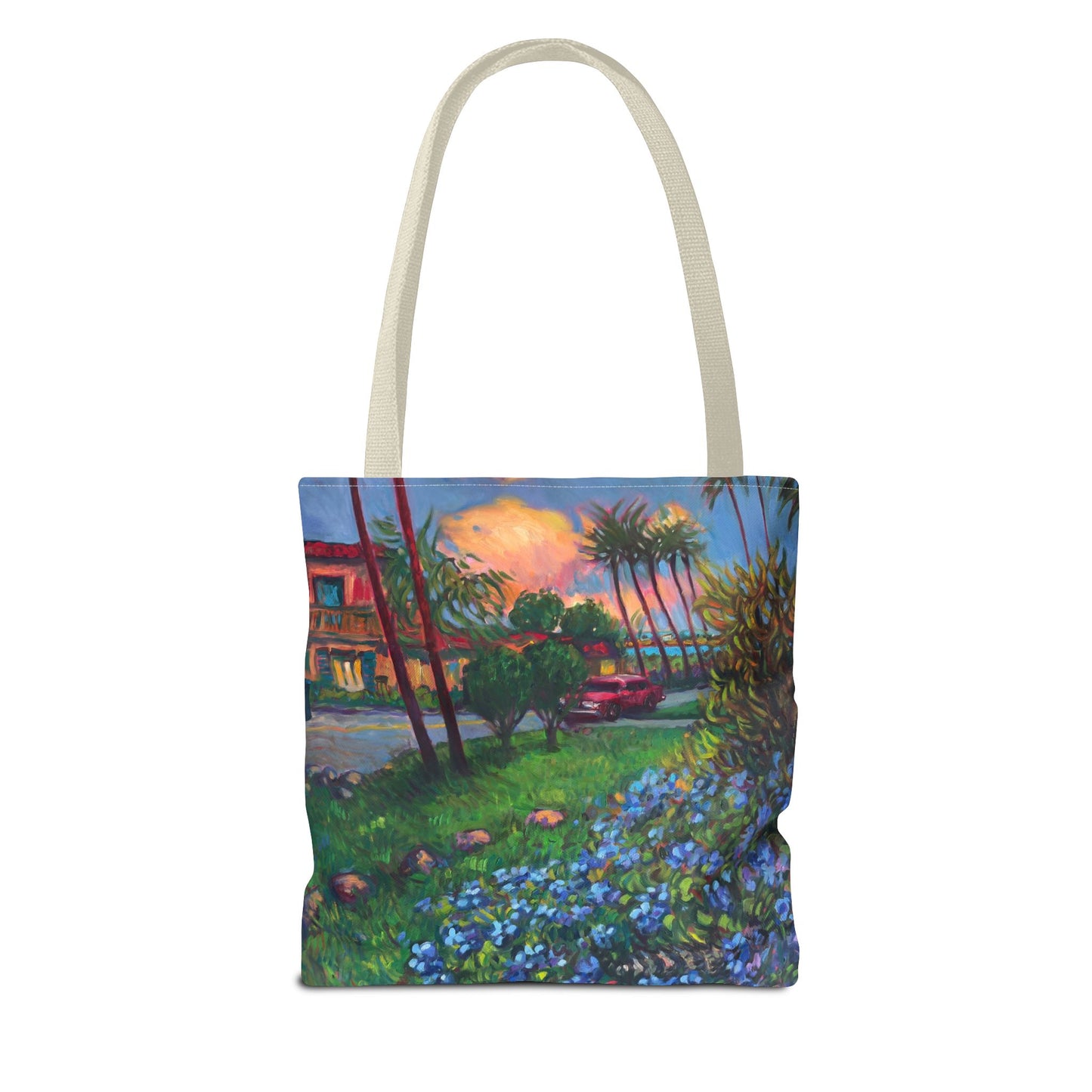 Einkaufstasche mit Sonnenuntergang am Strand – Küstenblumen-Palmen-Allover-Print