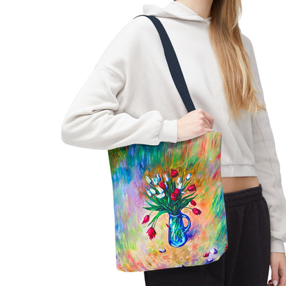 Tragetasche mit Blumenvase – Buntes, impressionistisches Tulpen-Allover-Muster