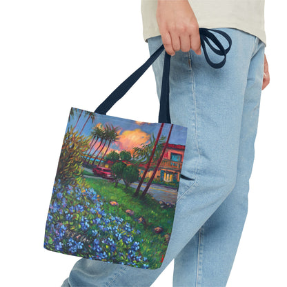 Einkaufstasche mit Sonnenuntergang am Strand – Küstenblumen-Palmen-Allover-Print