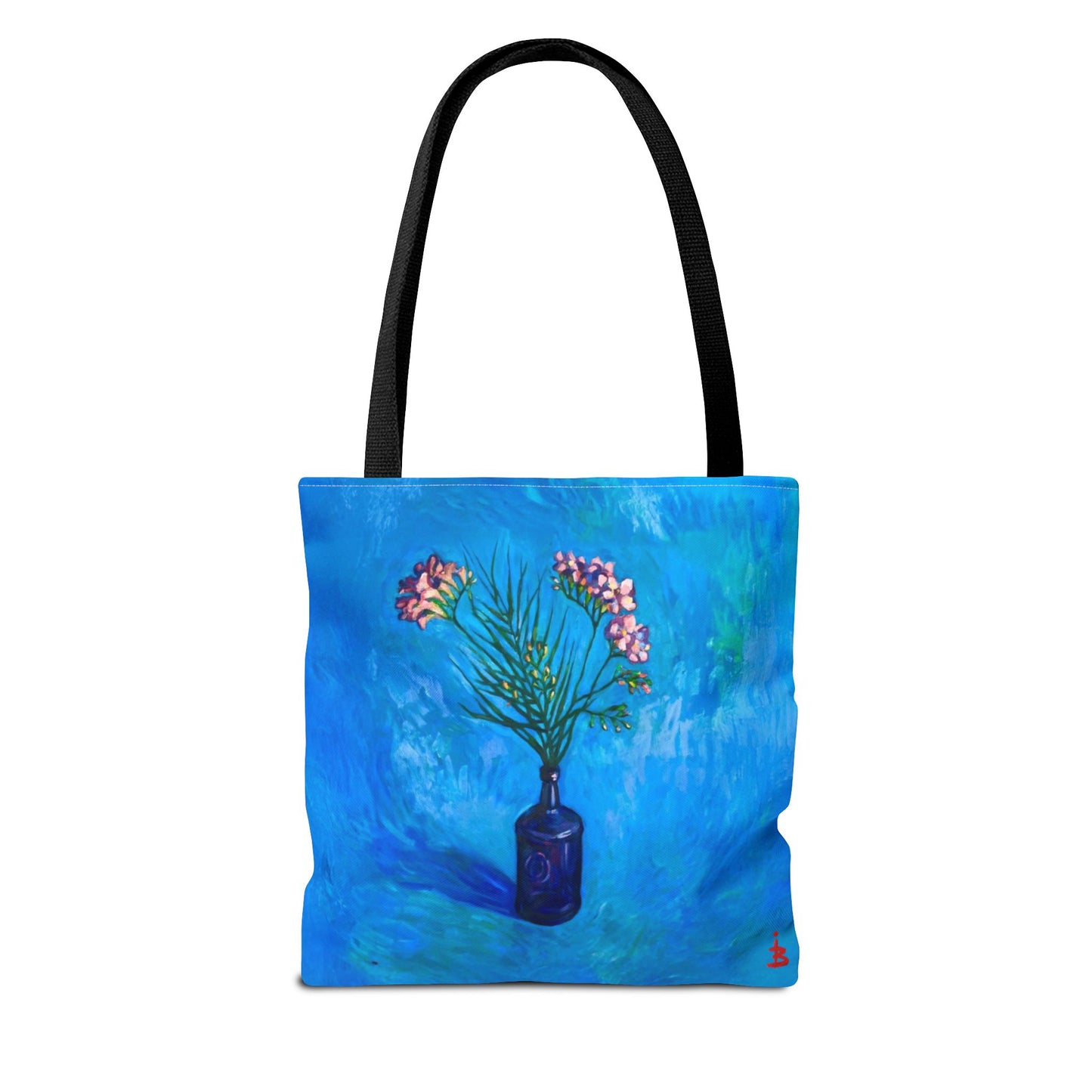 Blauer Shopper mit Blumenmuster – Vase mit rosafarbenen Blumen Allover-Print