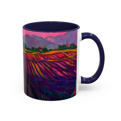 Kaffeetasse mit Lavendelfeld-Motiv – Lebendige Sonnenuntergangslandschaft, 325 ml