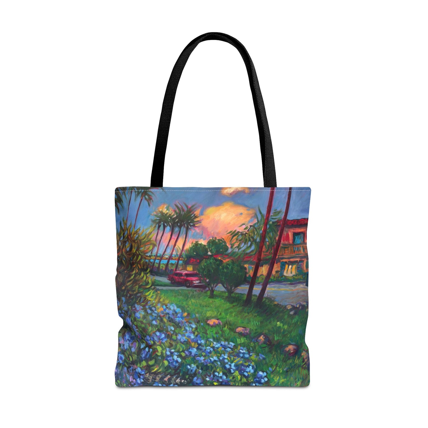 Einkaufstasche mit Sonnenuntergang am Strand – Küstenblumen-Palmen-Allover-Print