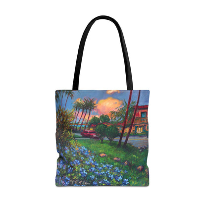 Einkaufstasche mit Sonnenuntergang am Strand – Küstenblumen-Palmen-Allover-Print