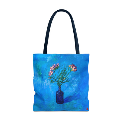 Blauer Shopper mit Blumenmuster – Vase mit rosafarbenen Blumen Allover-Print