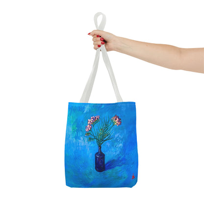 Blauer Shopper mit Blumenmuster – Vase mit rosafarbenen Blumen Allover-Print