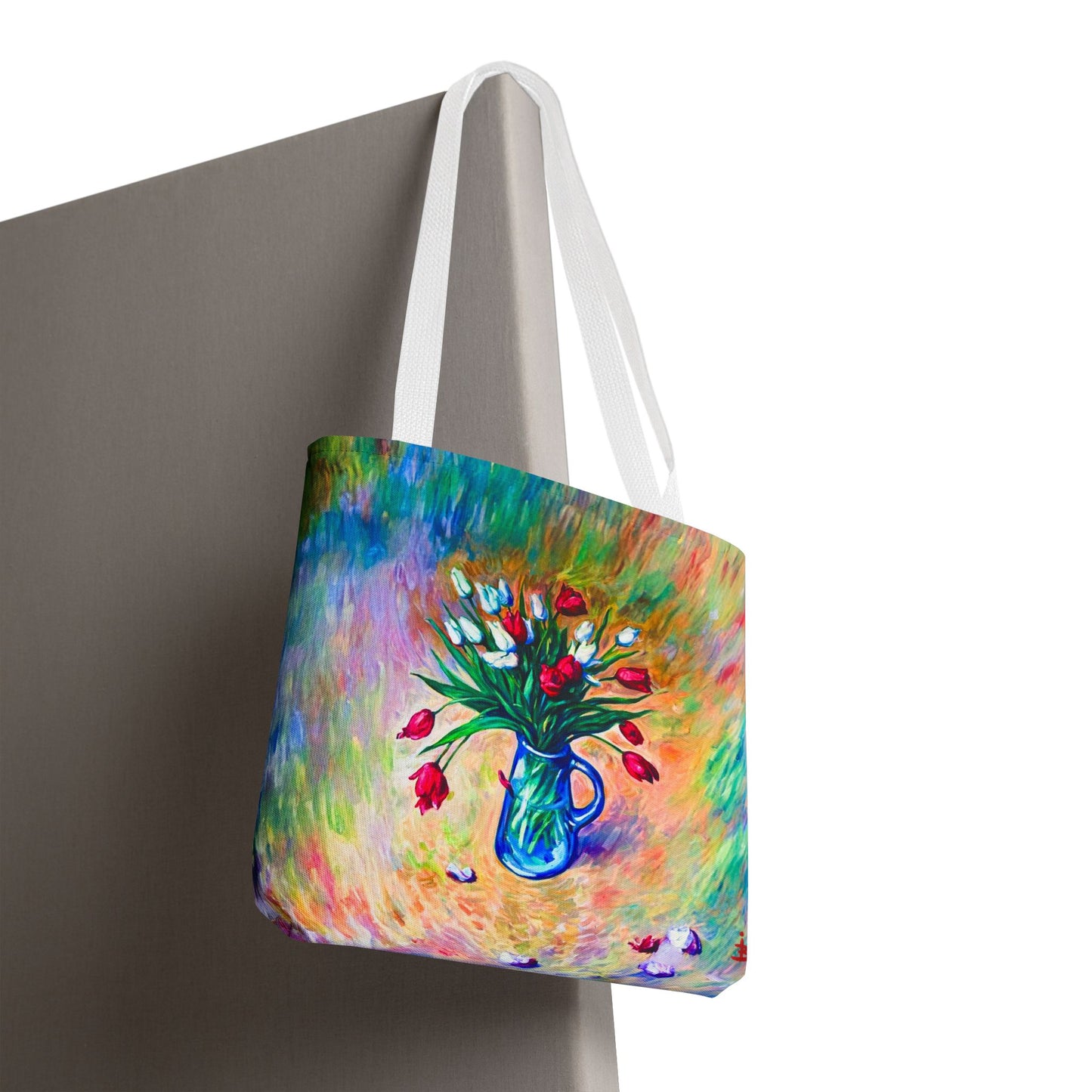Tragetasche mit Blumenvase – Buntes, impressionistisches Tulpen-Allover-Muster