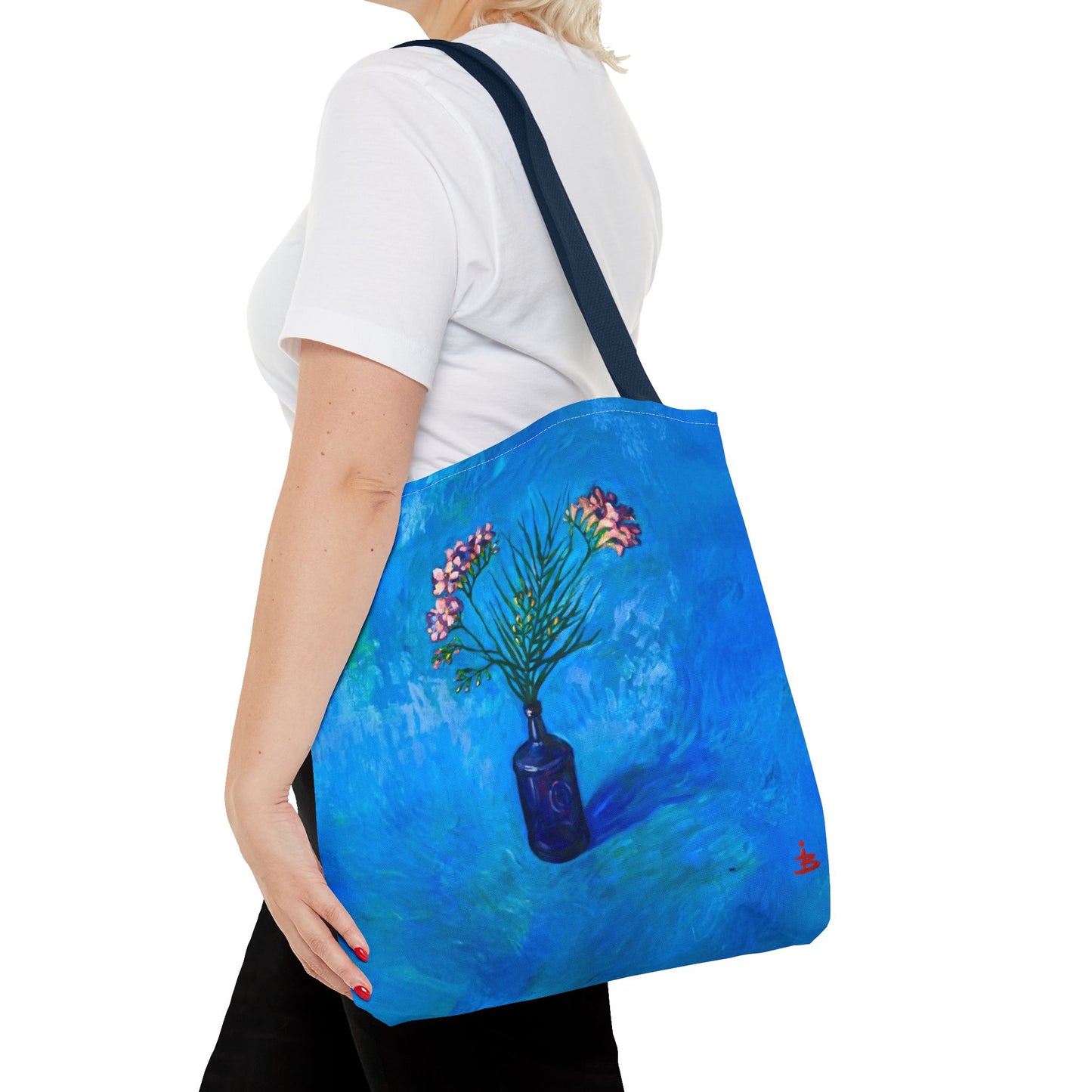 Blauer Shopper mit Blumenmuster – Vase mit rosafarbenen Blumen Allover-Print