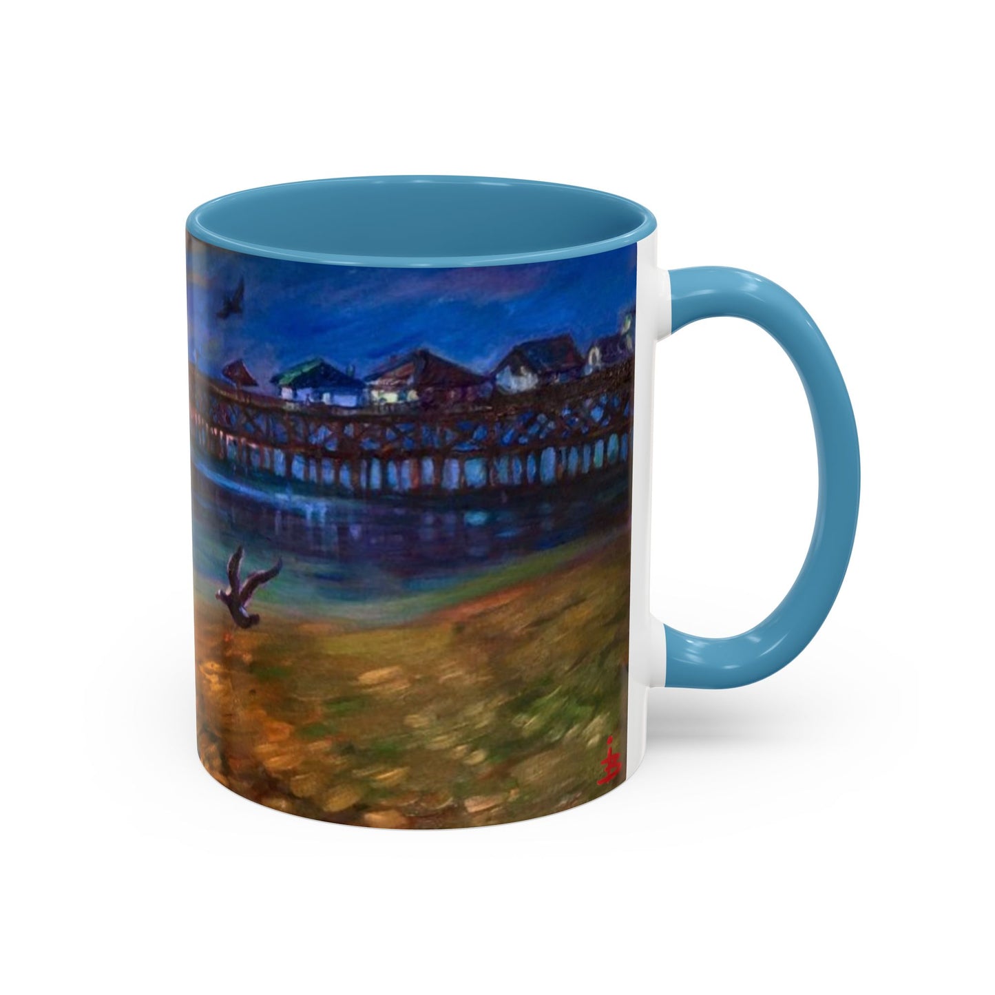 Kaffeetasse „Sonnenuntergang am Küstenpier“ – Künstlerische Tasse mit maritimem Akzent (325 ml)