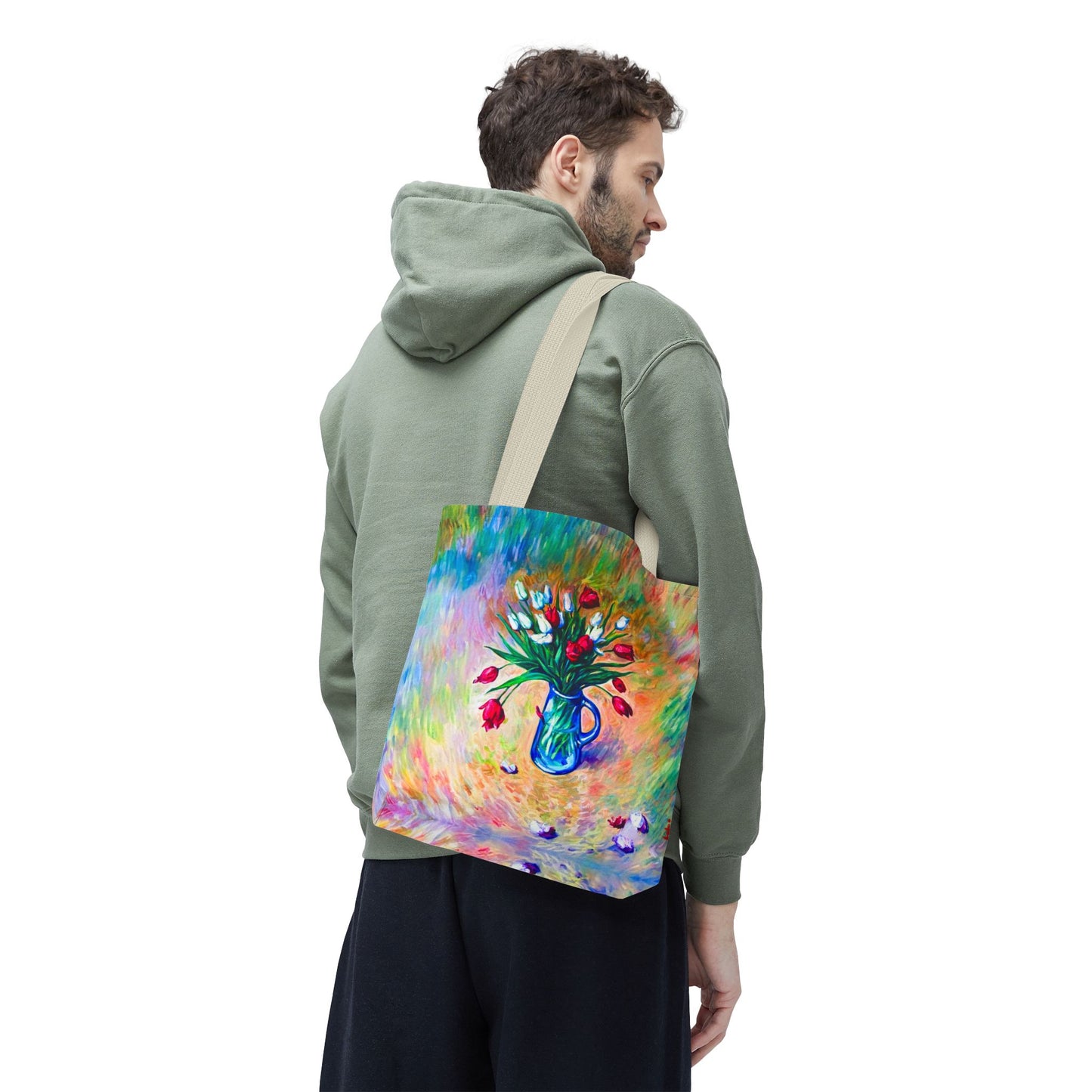 Tragetasche mit Blumenvase – Buntes, impressionistisches Tulpen-Allover-Muster