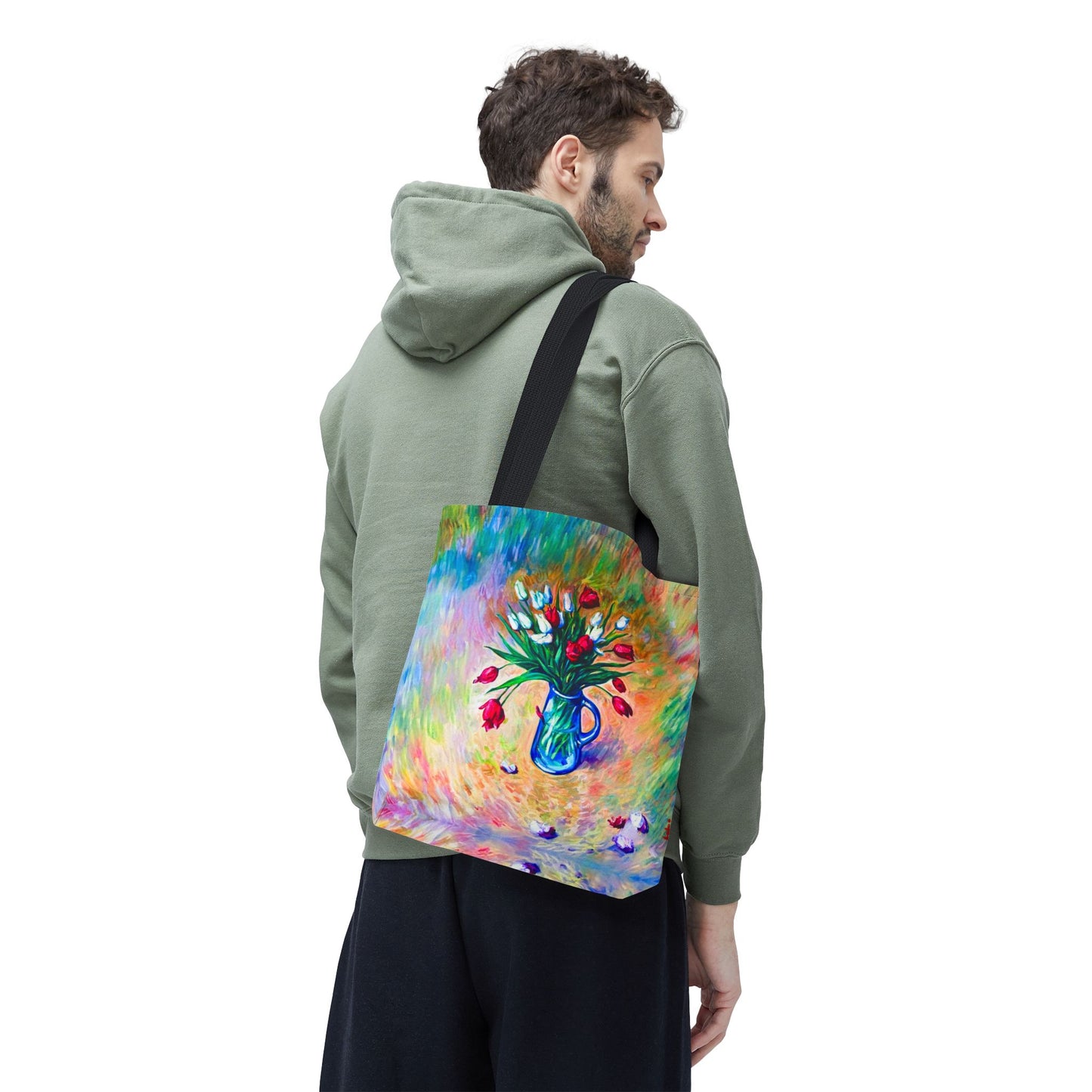 Tragetasche mit Blumenvase – Buntes, impressionistisches Tulpen-Allover-Muster