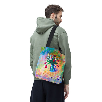 Tragetasche mit Blumenvase – Buntes, impressionistisches Tulpen-Allover-Muster