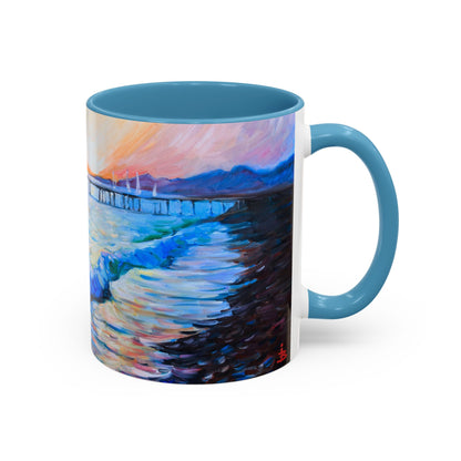 Kaffeetasse „Küsten-Sonnenuntergang“ – Keramiktasse mit Akzent „Seepier“ (325/444 ml)