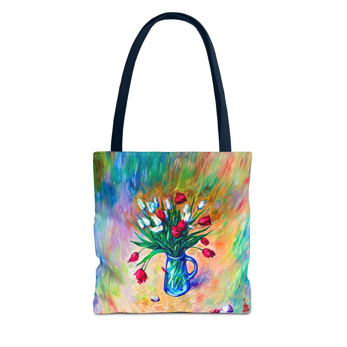 Tragetasche mit Blumenvase – Buntes, impressionistisches Tulpen-Allover-Muster
