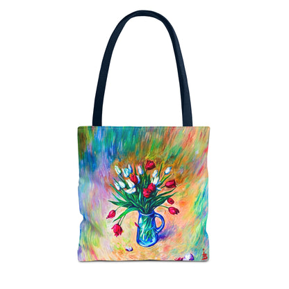 Tragetasche mit Blumenvase – Buntes, impressionistisches Tulpen-Allover-Muster